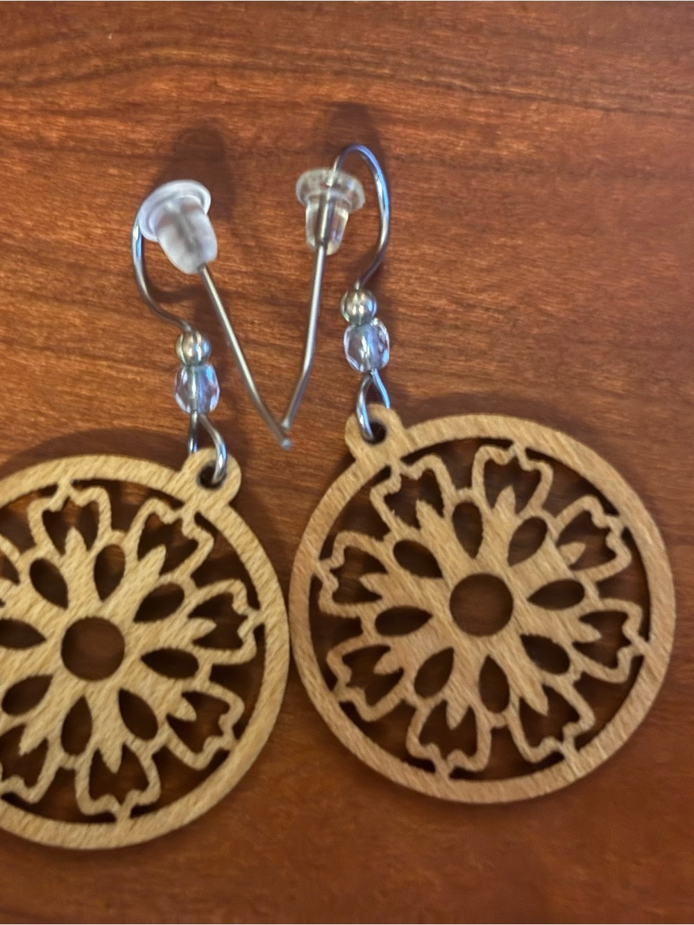 Wooden Floral Cutout Dangle Earrings - Light Wood